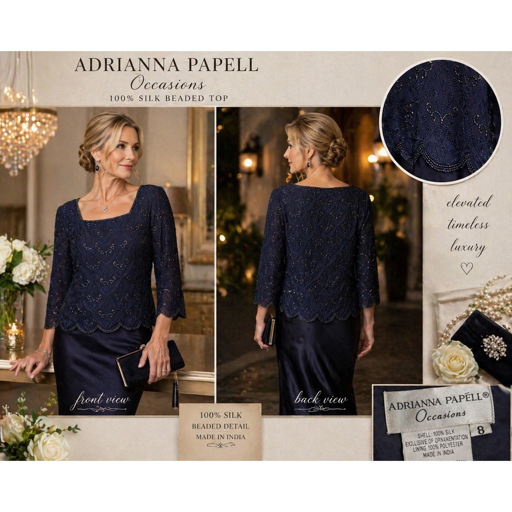 Adrianna Papell Occasions Chic Navy 100% Silk Beaded Scalloped Embroidered Top 8